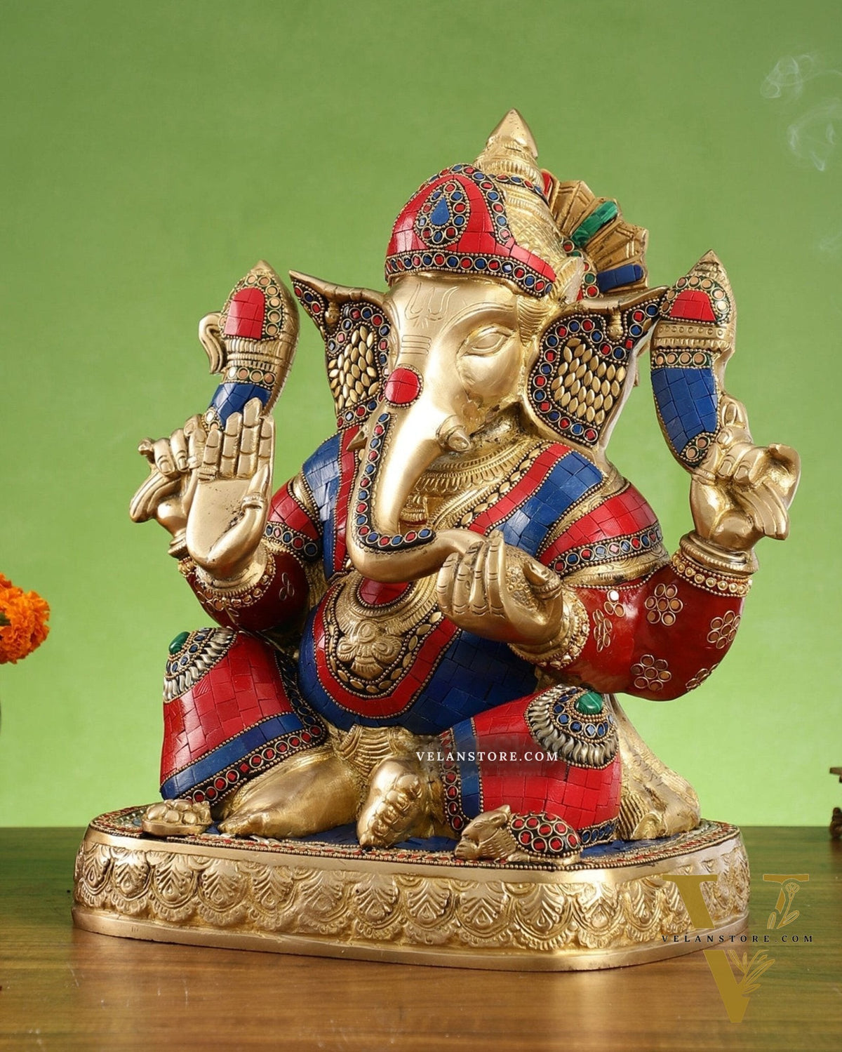 Brass Lord Ganesha Statue 15 inch with stonework