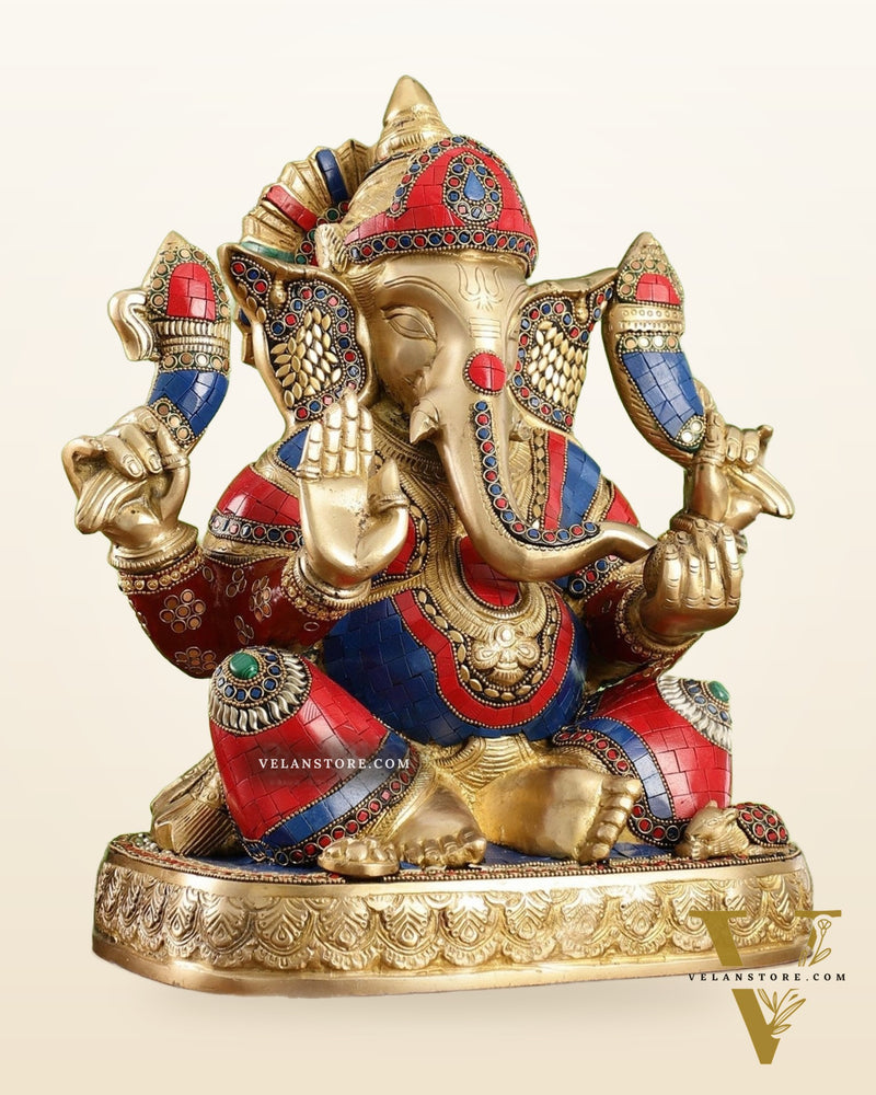 Brass Lord Ganesha Statue 15 inch with stonework