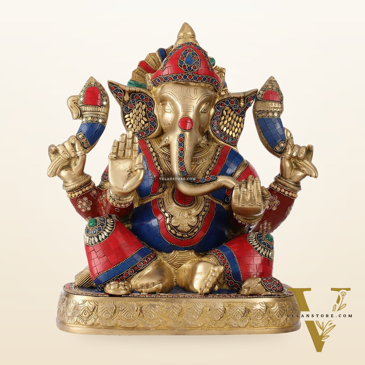 Brass Lord Ganesha Statue 15 inch with stonework
