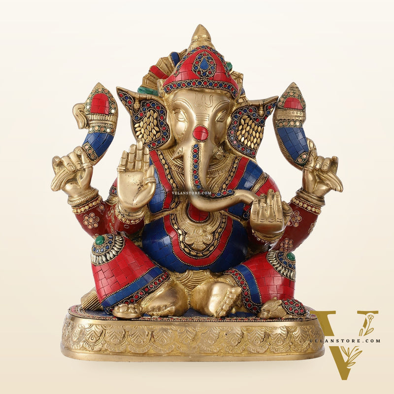 Brass Lord Ganesha Statue 15 inch with stonework