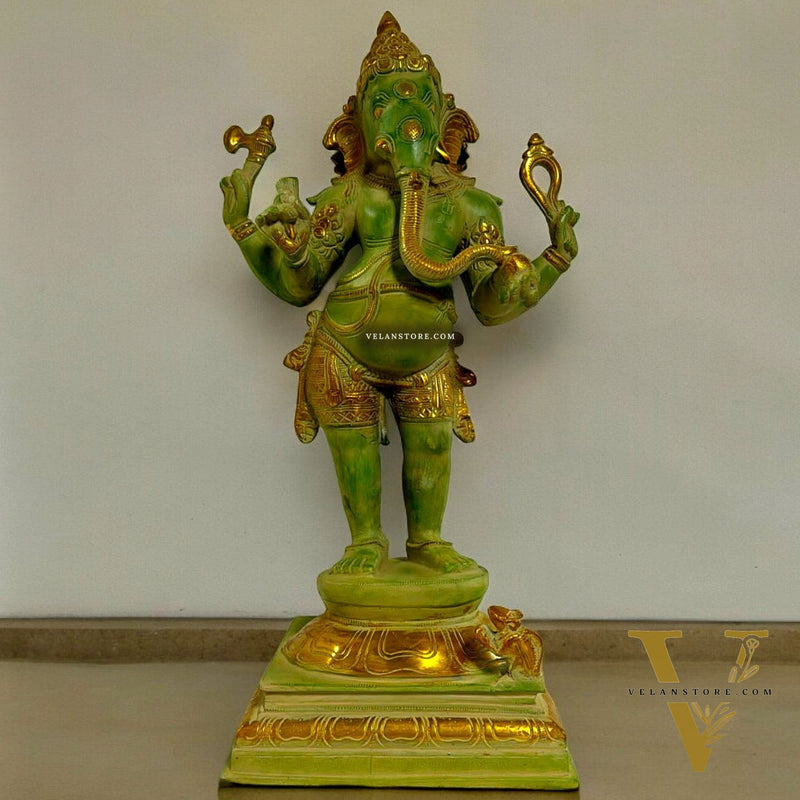 Brass Lord Ganesha Statue - 20 Inch, Green Sand Finish