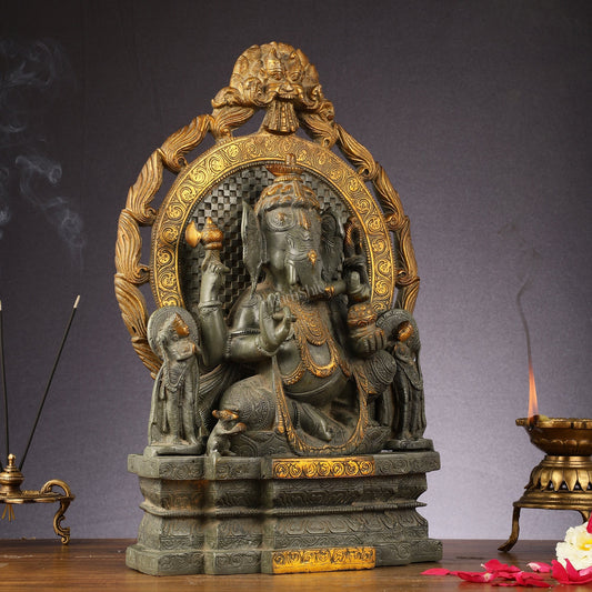Brass Lord Ganesha Statue - Antique Tone with Riddhi Siddhi 18 inch