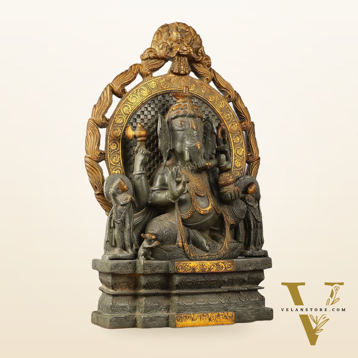Brass Lord Ganesha Statue - Antique Tone with Riddhi Siddhi 18 inch