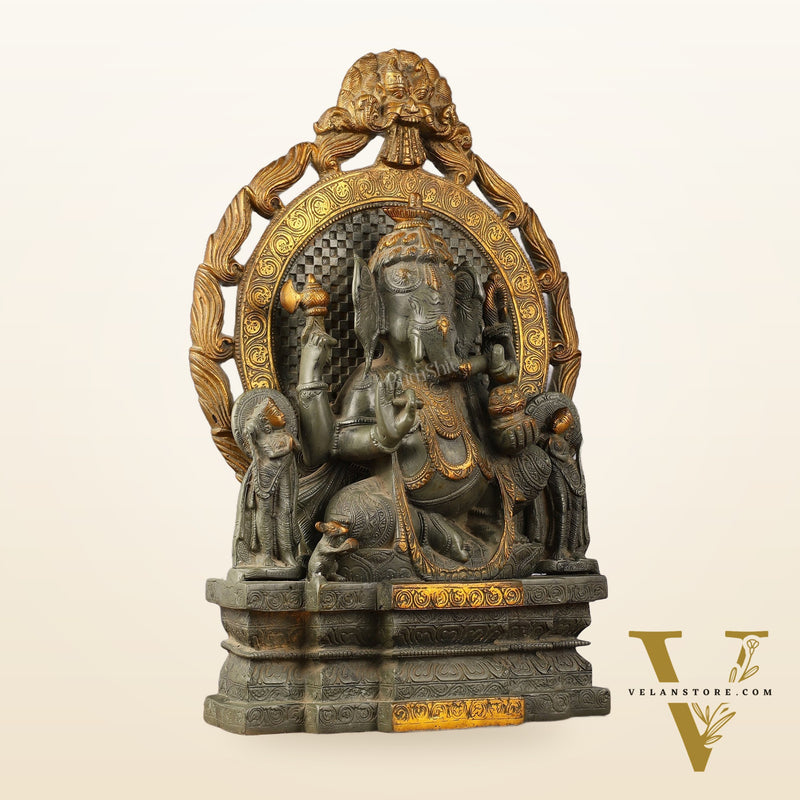 Brass Lord Ganesha Statue - Antique Tone with Riddhi Siddhi 18 inch