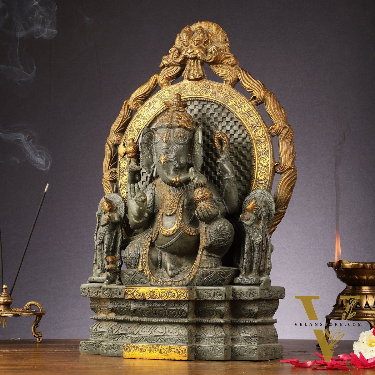 Brass Lord Ganesha Statue - Antique Tone with Riddhi Siddhi 18 inch