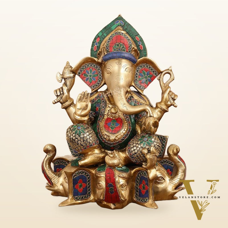 Brass Lord Ganesha Statue on Elephant Heads - 17 Inch