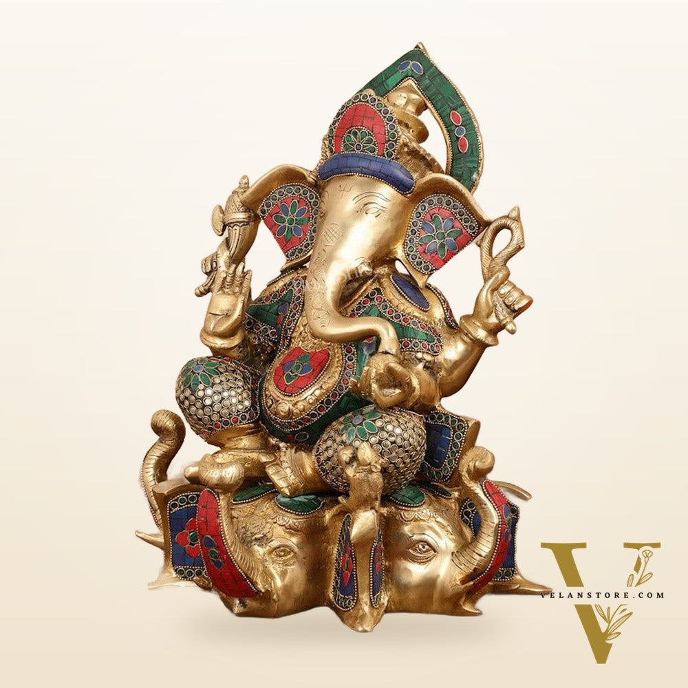 Brass Lord Ganesha Statue on Elephant Heads - 17 Inch