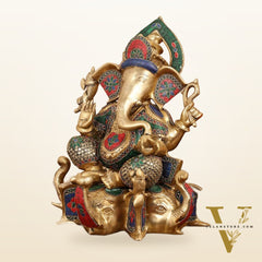 Brass Lord Ganesha Statue on Elephant Heads - 17 Inch