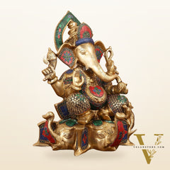 Brass Lord Ganesha Statue on Elephant Heads - 17 Inch