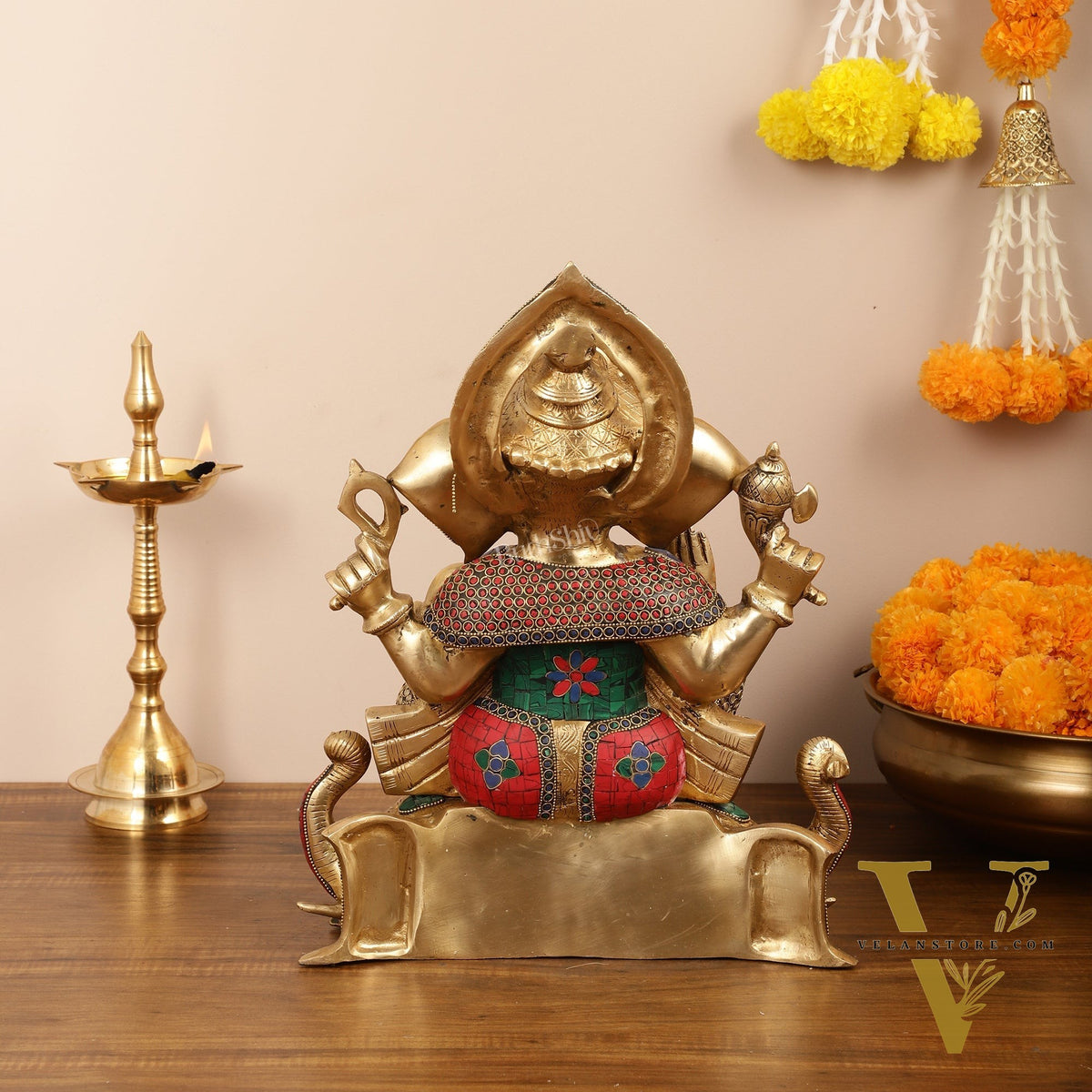 Brass Lord Ganesha Statue on Elephant Heads - 17 Inch