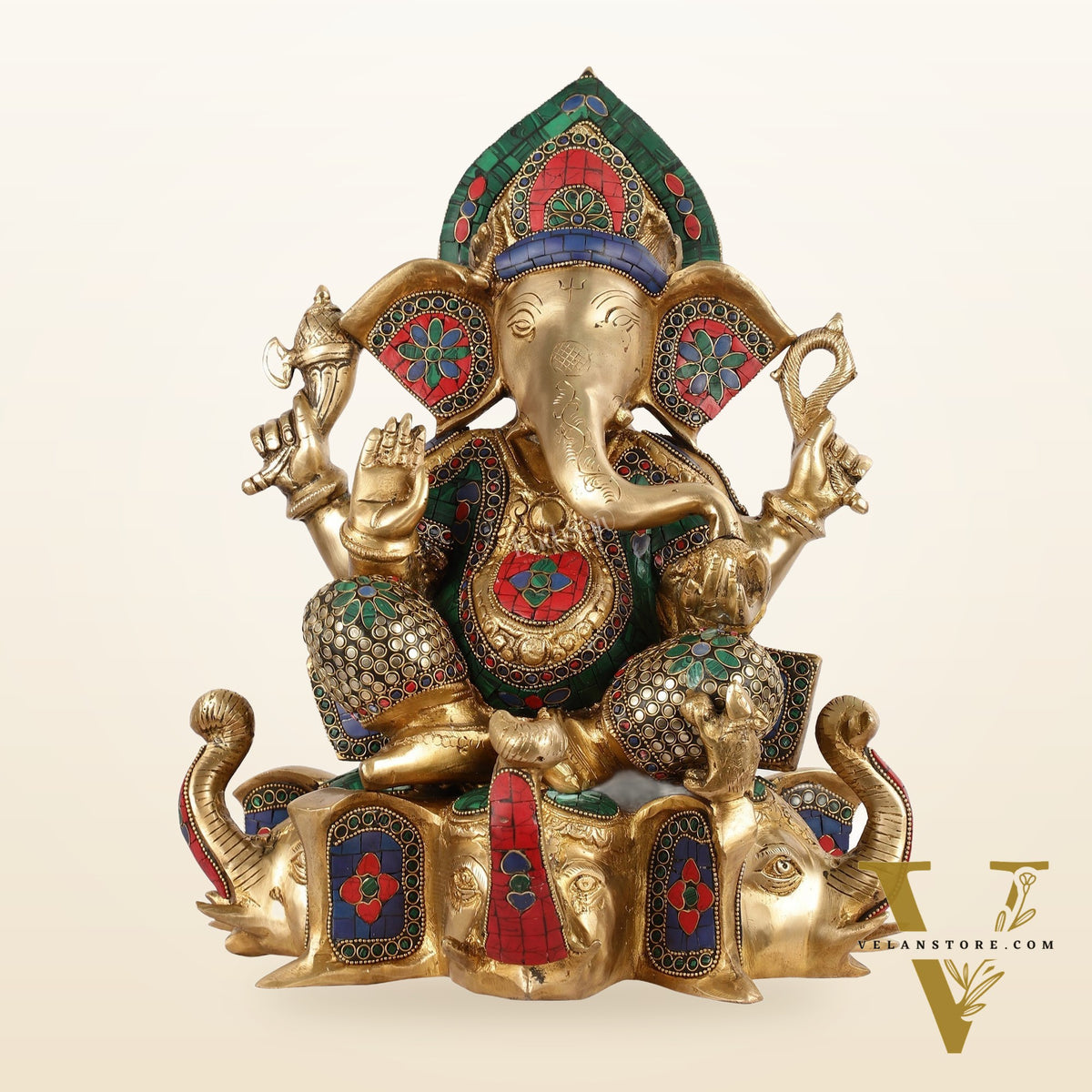Brass Lord Ganesha Statue on Elephant Heads - 17 Inch