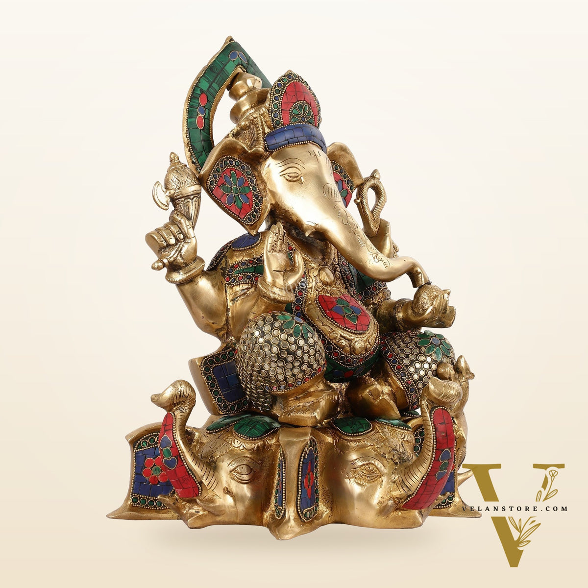 Brass Lord Ganesha Statue on Elephant Heads - 17 Inch