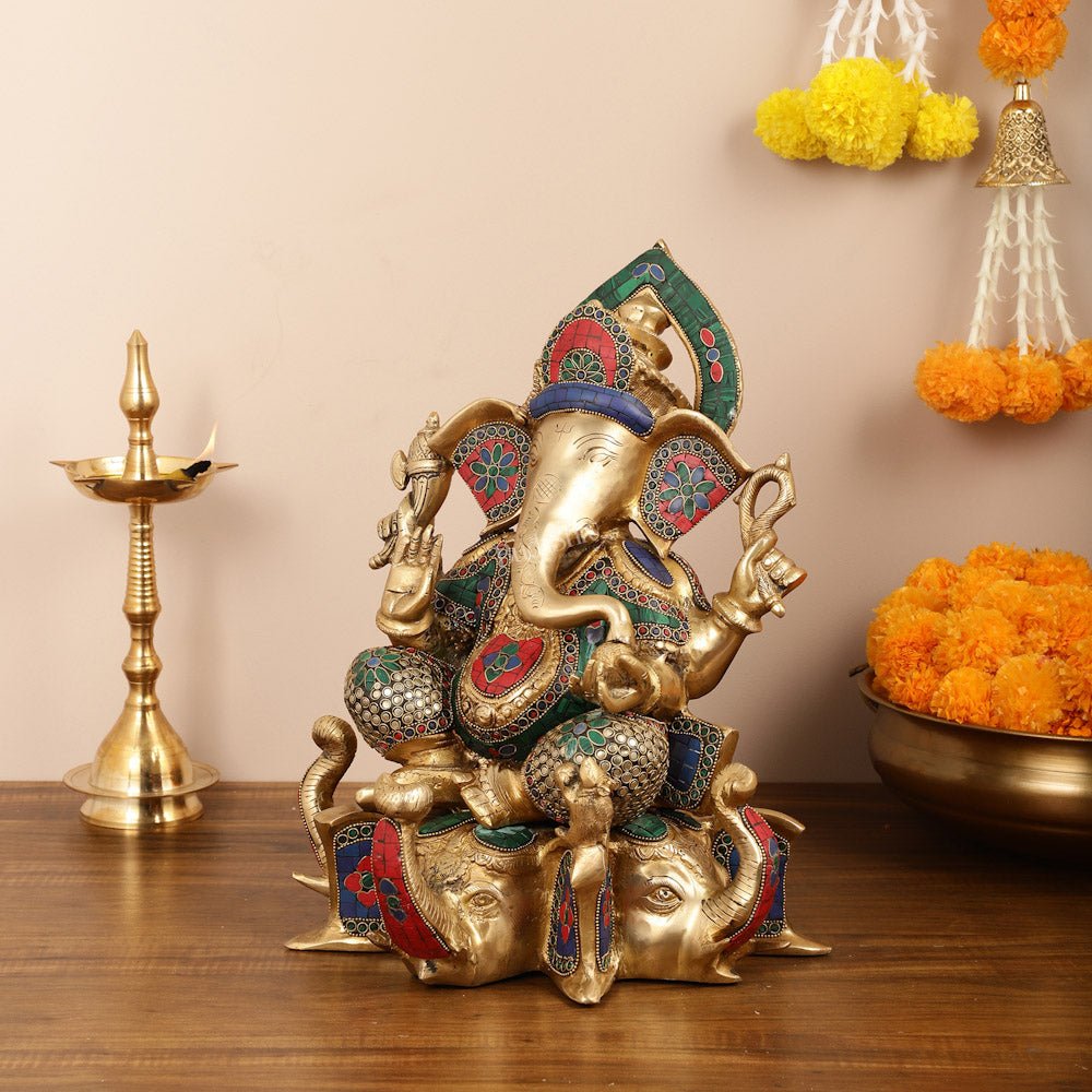 Brass Lord Ganesha Statue on Elephant Heads - 17 Inch