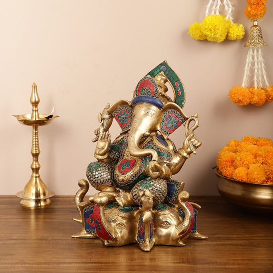 Brass Lord Ganesha Statue on Elephant Heads - 17 Inch