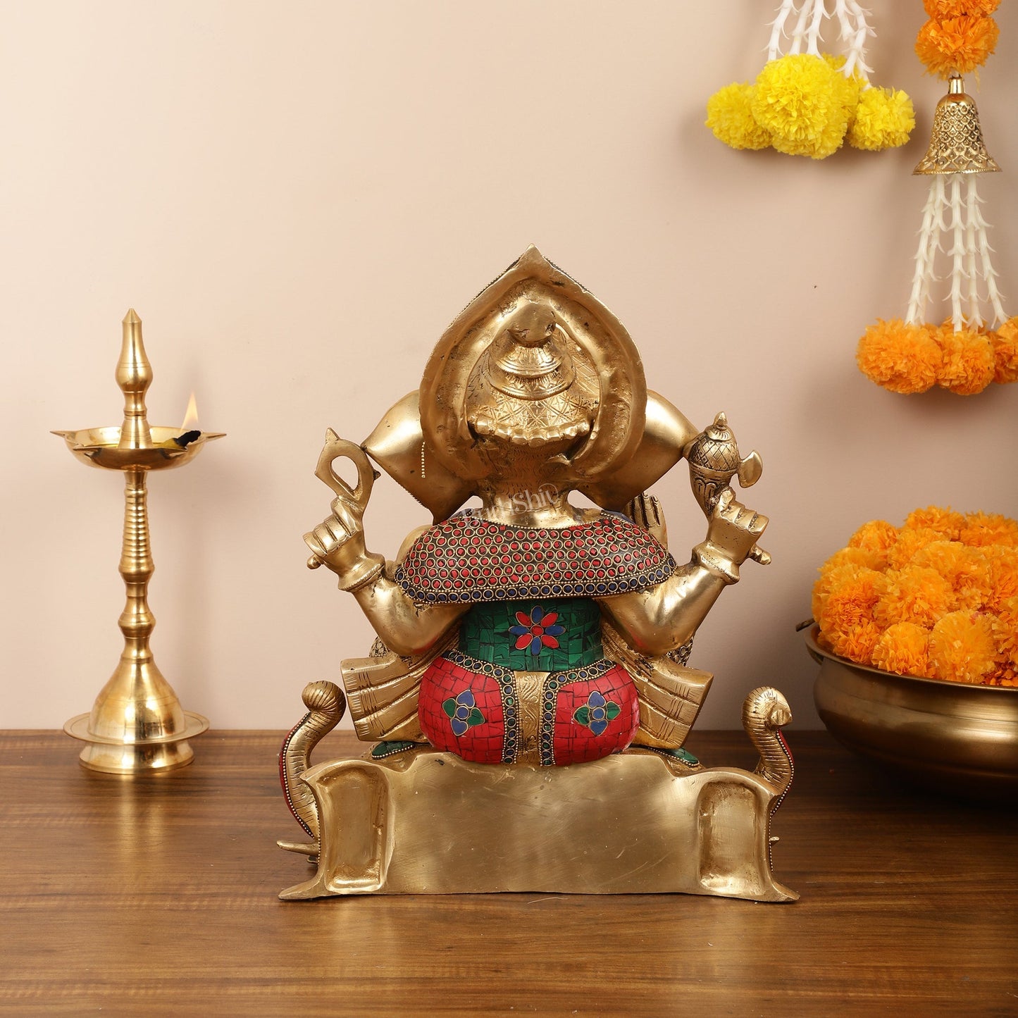 Brass Lord Ganesha Statue on Elephant Heads - 17 Inch