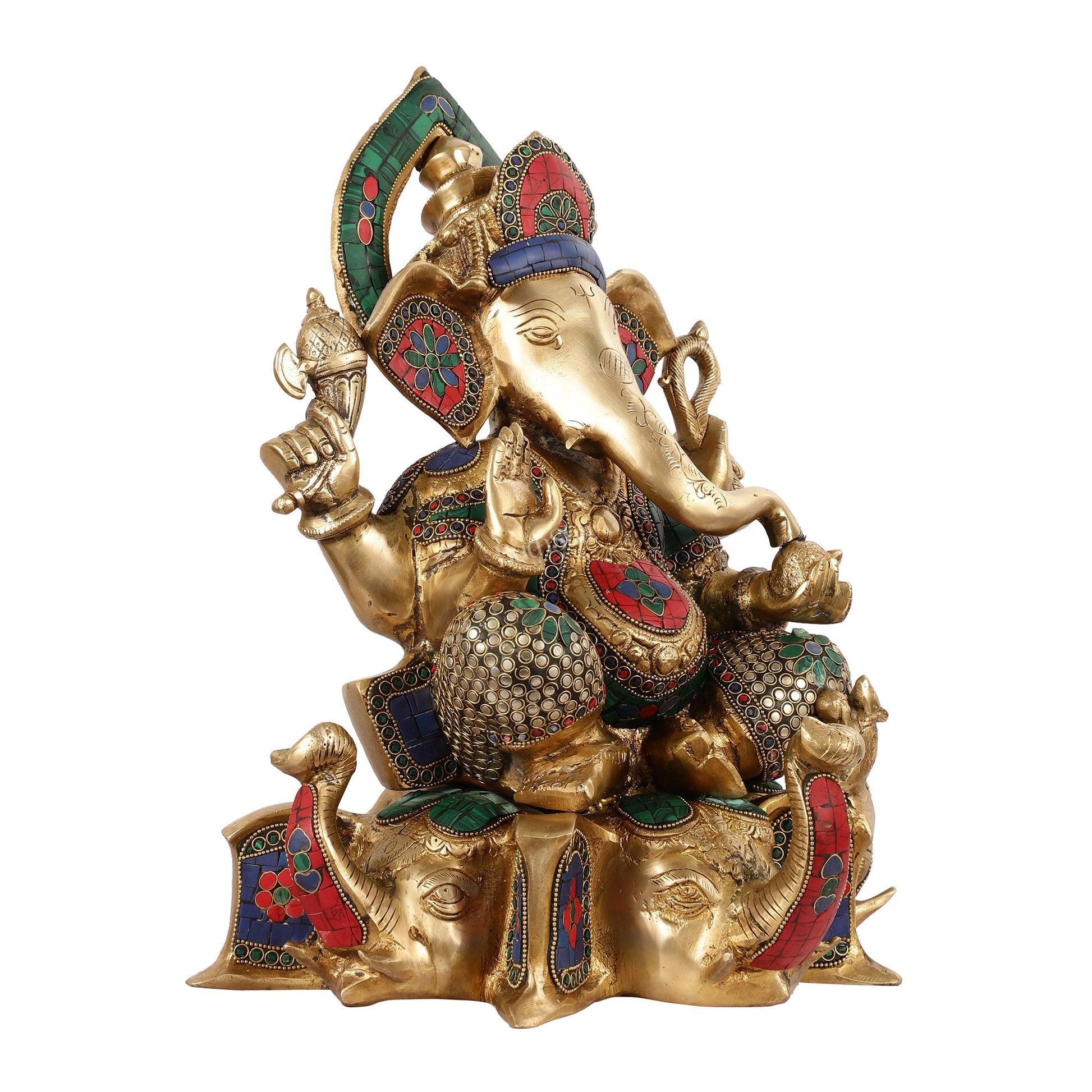 Brass Lord Ganesha Statue on Elephant Heads - 17 Inch