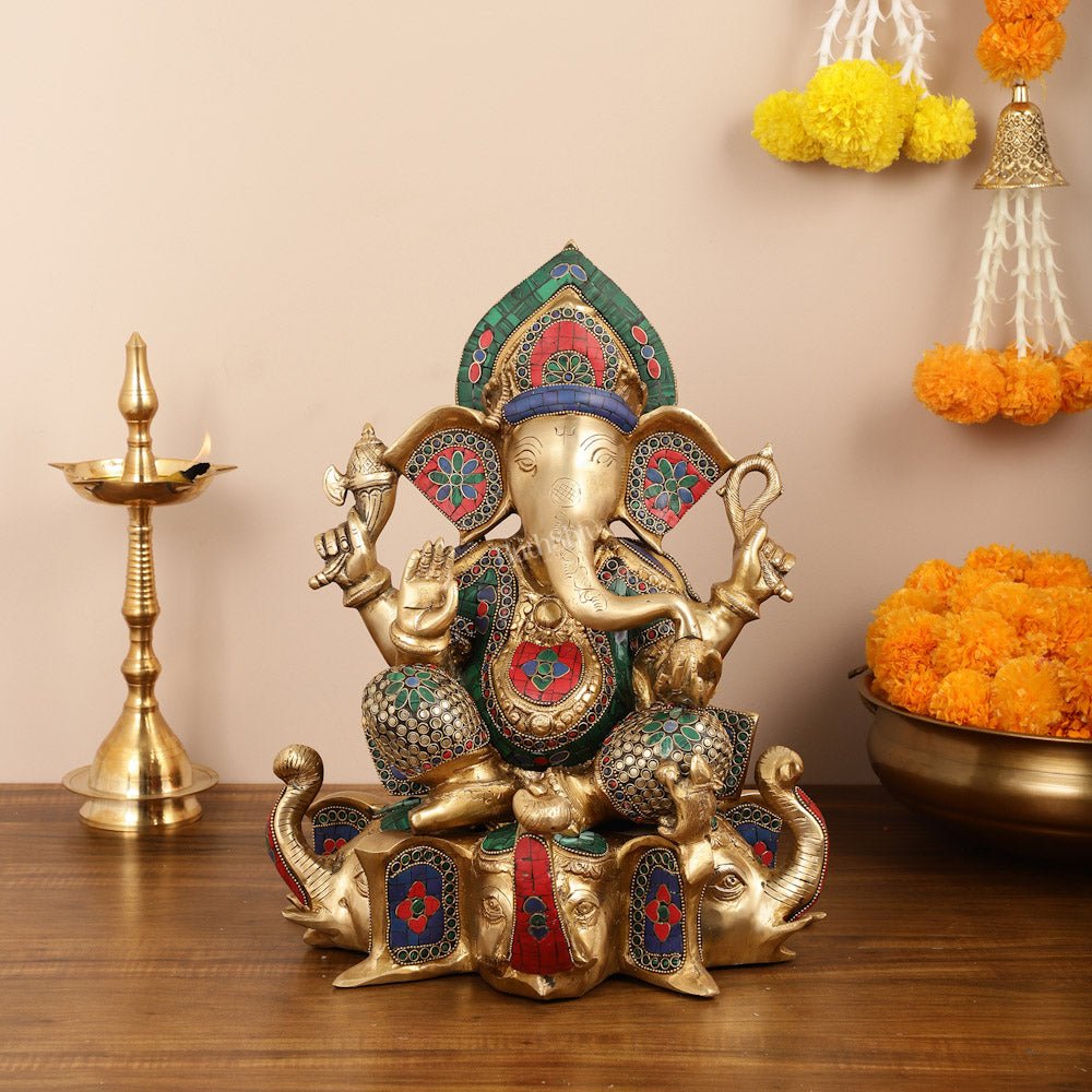 Brass Lord Ganesha Statue on Elephant Heads - 17 Inch