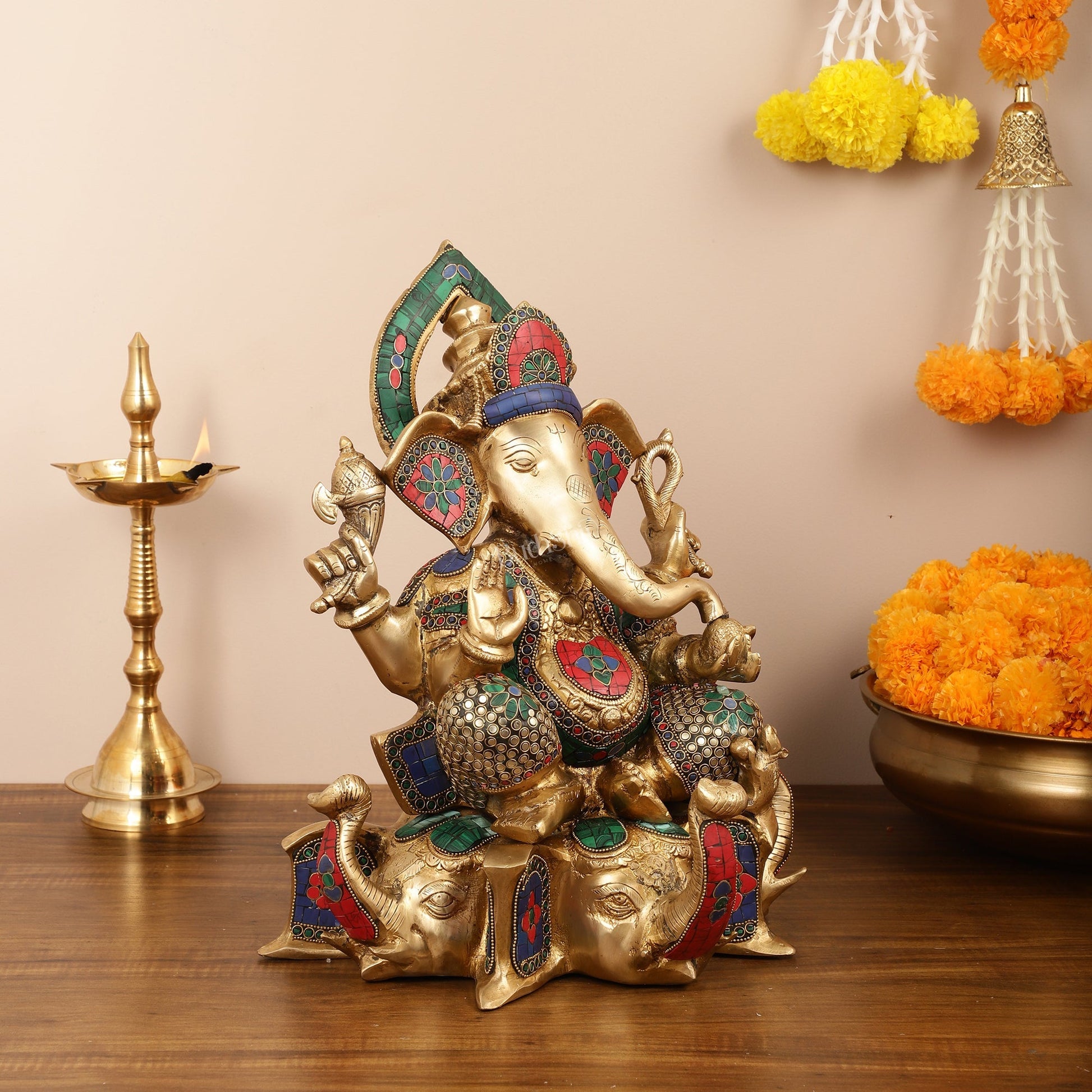 Brass Lord Ganesha Statue on Elephant Heads - 17 Inch