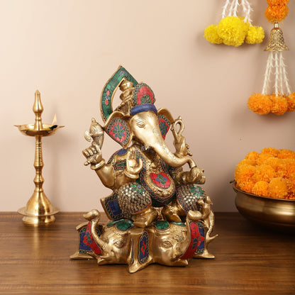 Brass Lord Ganesha Statue on Elephant Heads - 17 Inch