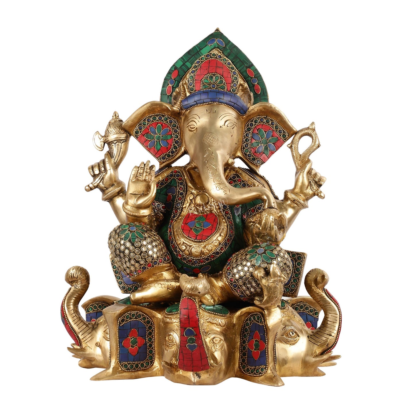 Brass Lord Ganesha Statue on Elephant Heads - 17 Inch