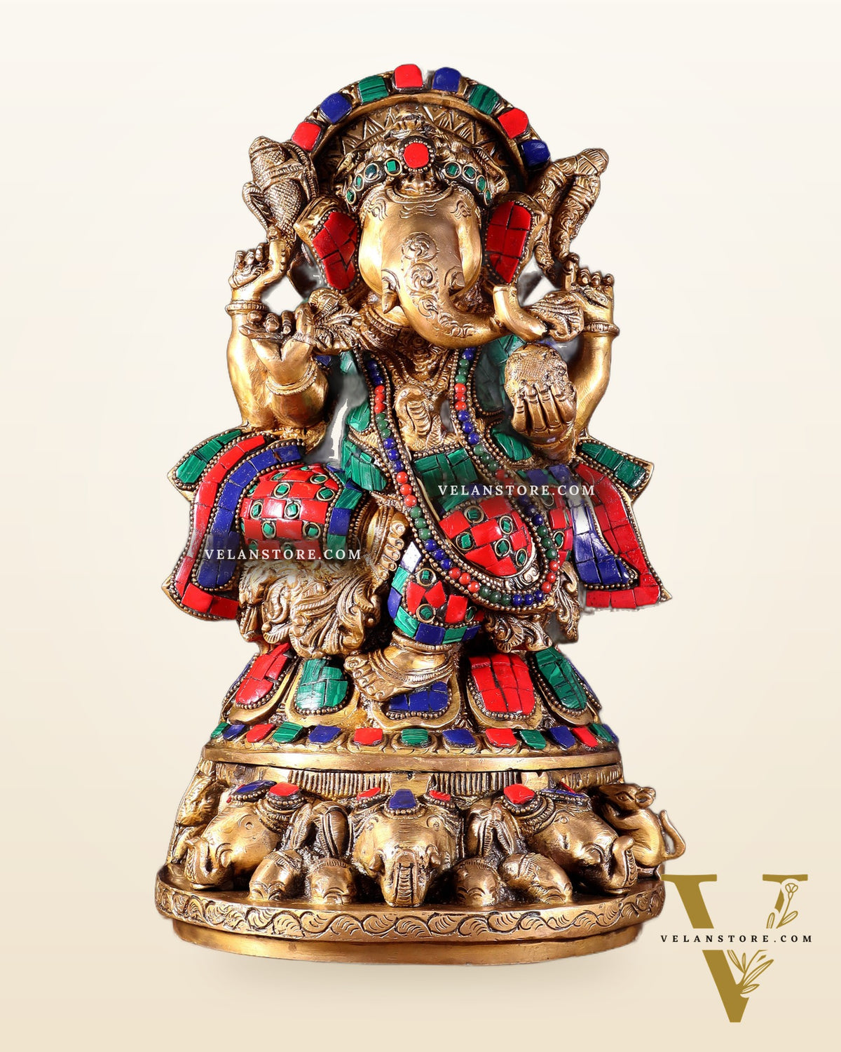 Brass Lord Ganesha Statue Seated on Elephant Throne - 12 Inch