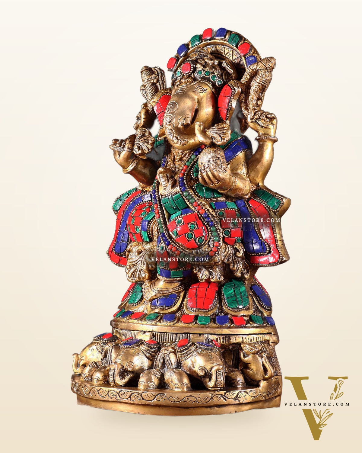Brass Lord Ganesha Statue Seated on Elephant Throne - 12 Inch