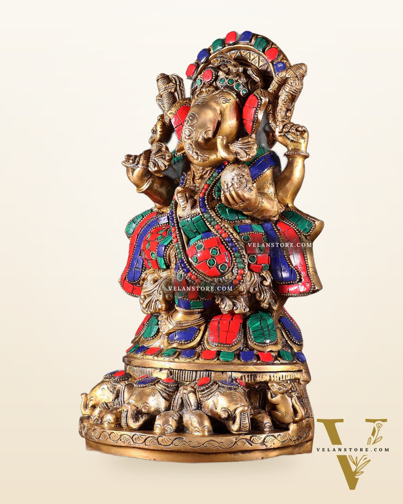 Brass Lord Ganesha Statue Seated on Elephant Throne - 12 Inch