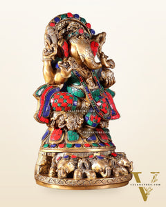 Brass Lord Ganesha Statue Seated on Elephant Throne - 12 Inch
