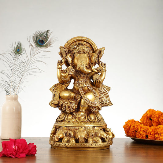 Brass Lord Ganesha Statue Seated on Elephant Throne - 12 Inch