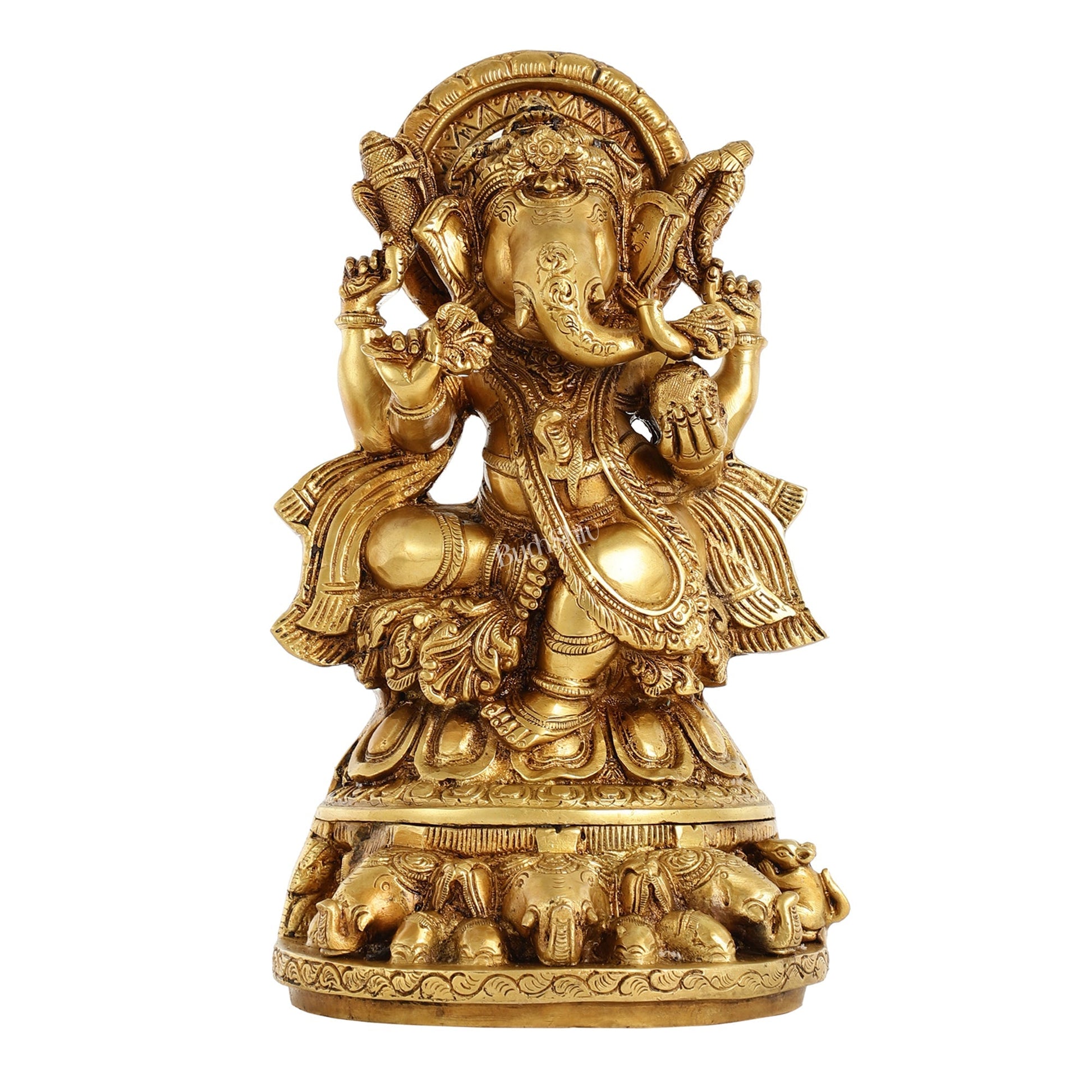 Brass Lord Ganesha Statue Seated on Elephant Throne - 12 Inch