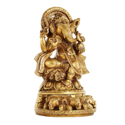 Brass Lord Ganesha Statue Seated on Elephant Throne - 12 Inch
