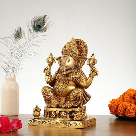 Brass Lord Ganesha Statue with Ashtavinayaka - 10 Inch