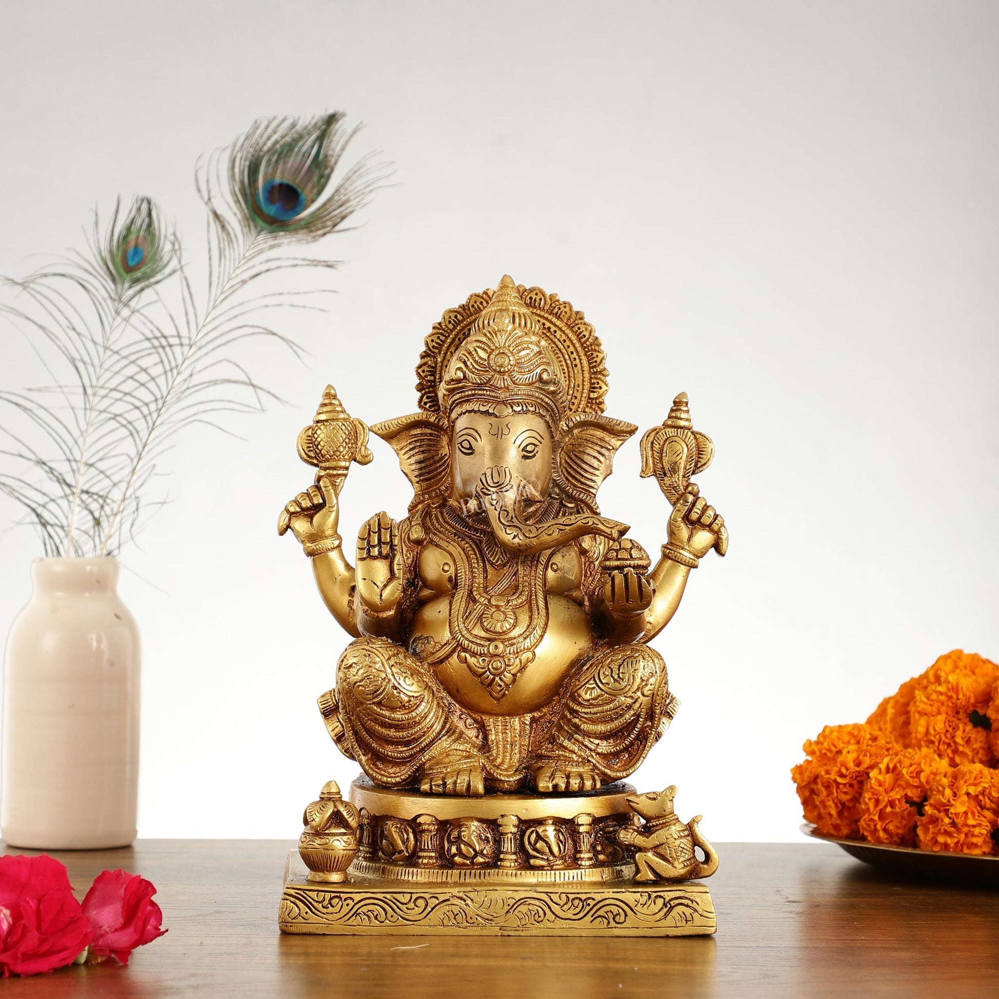 Brass Lord Ganesha Statue with Ashtavinayaka - 10 Inch