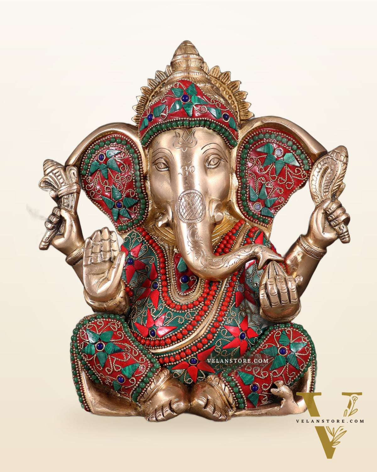 Brass Lord Ganesha Statue with Floral Stonework - 10"