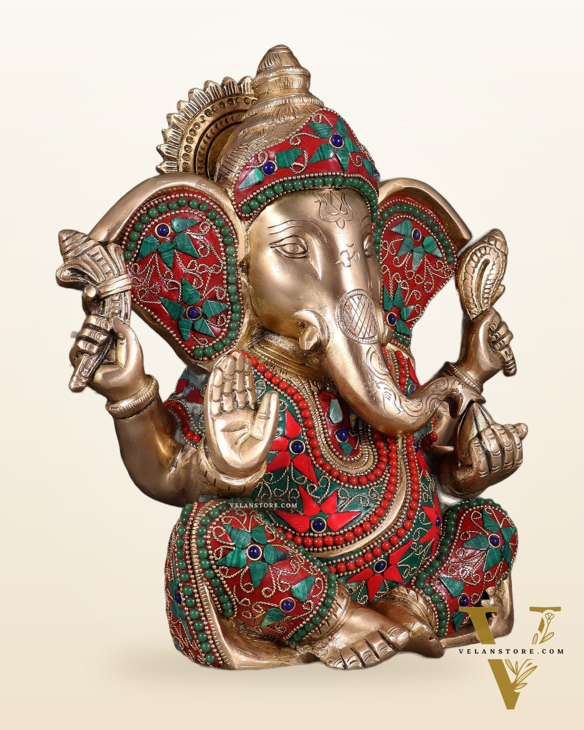 Brass Lord Ganesha Statue with Floral Stonework - 10"