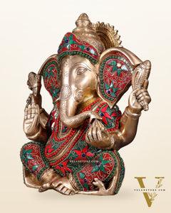 Brass Lord Ganesha Statue with Floral Stonework - 10"