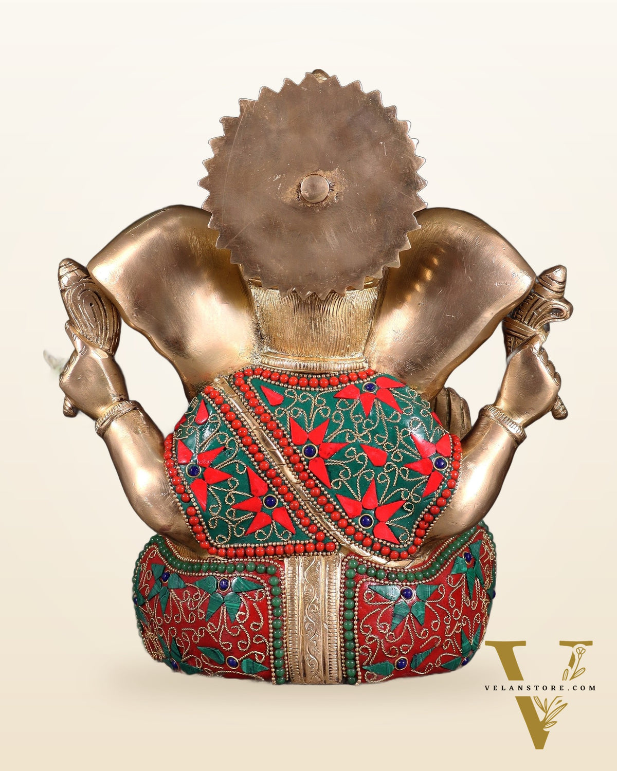 Brass Lord Ganesha Statue with Floral Stonework - 10"