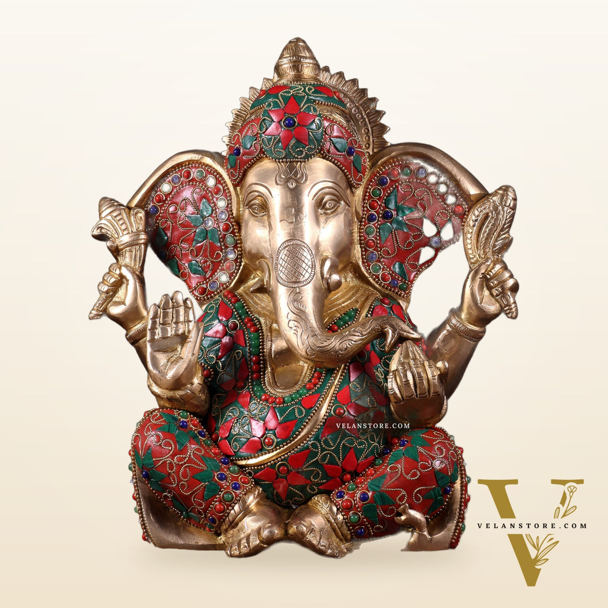 Brass Lord Ganesha Statue with Floral Stonework - 10"