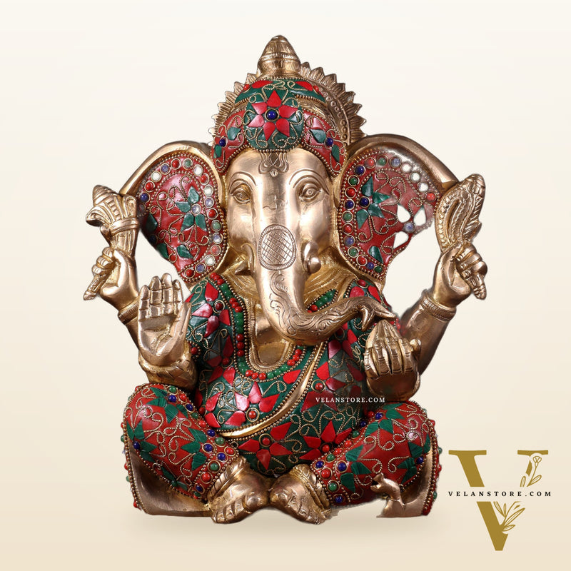 Brass Lord Ganesha Statue with Floral Stonework - 10"