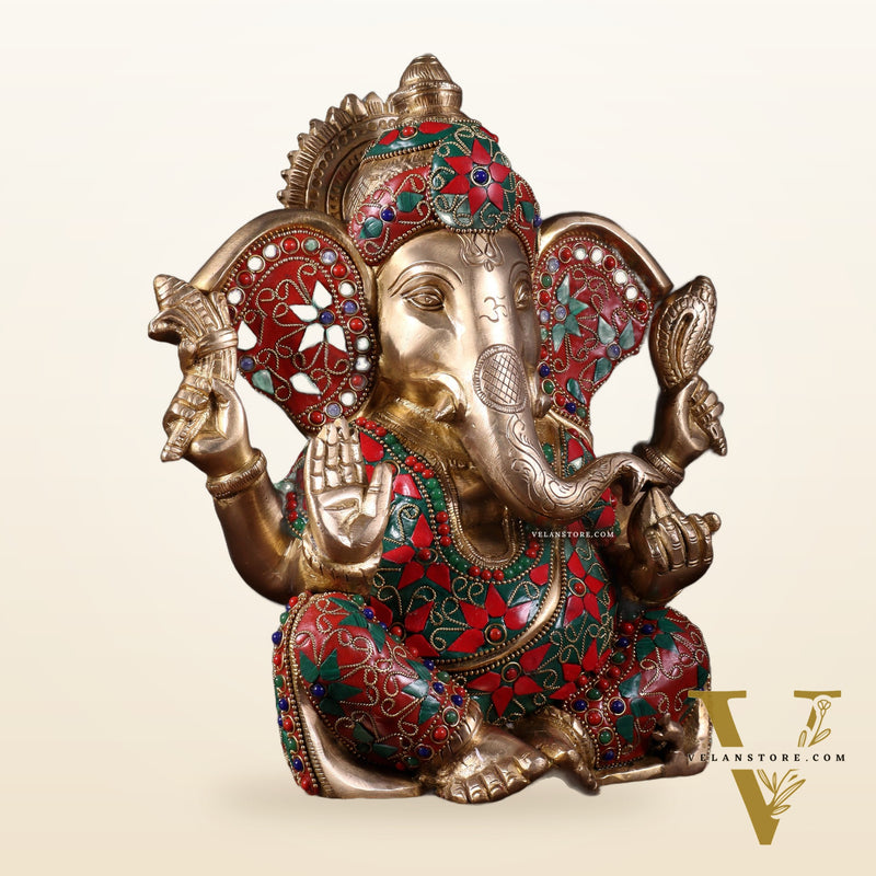 Brass Lord Ganesha Statue with Floral Stonework - 10"