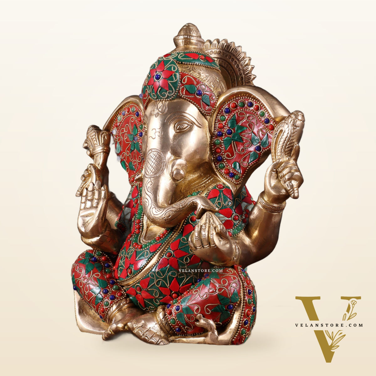 Brass Lord Ganesha Statue with Floral Stonework - 10"