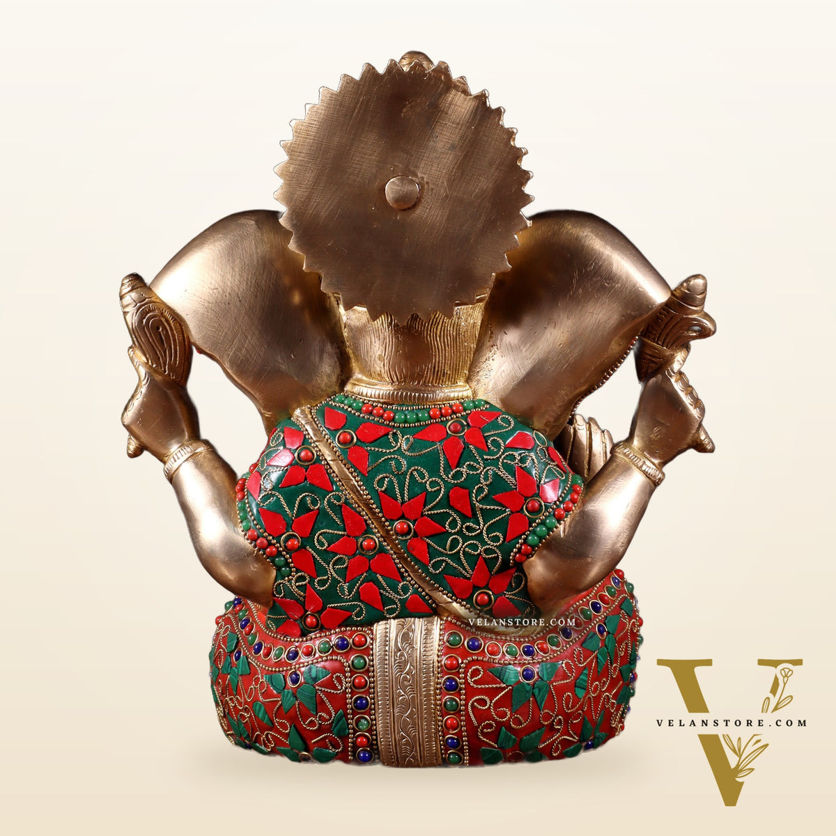 Brass Lord Ganesha Statue with Floral Stonework - 10"