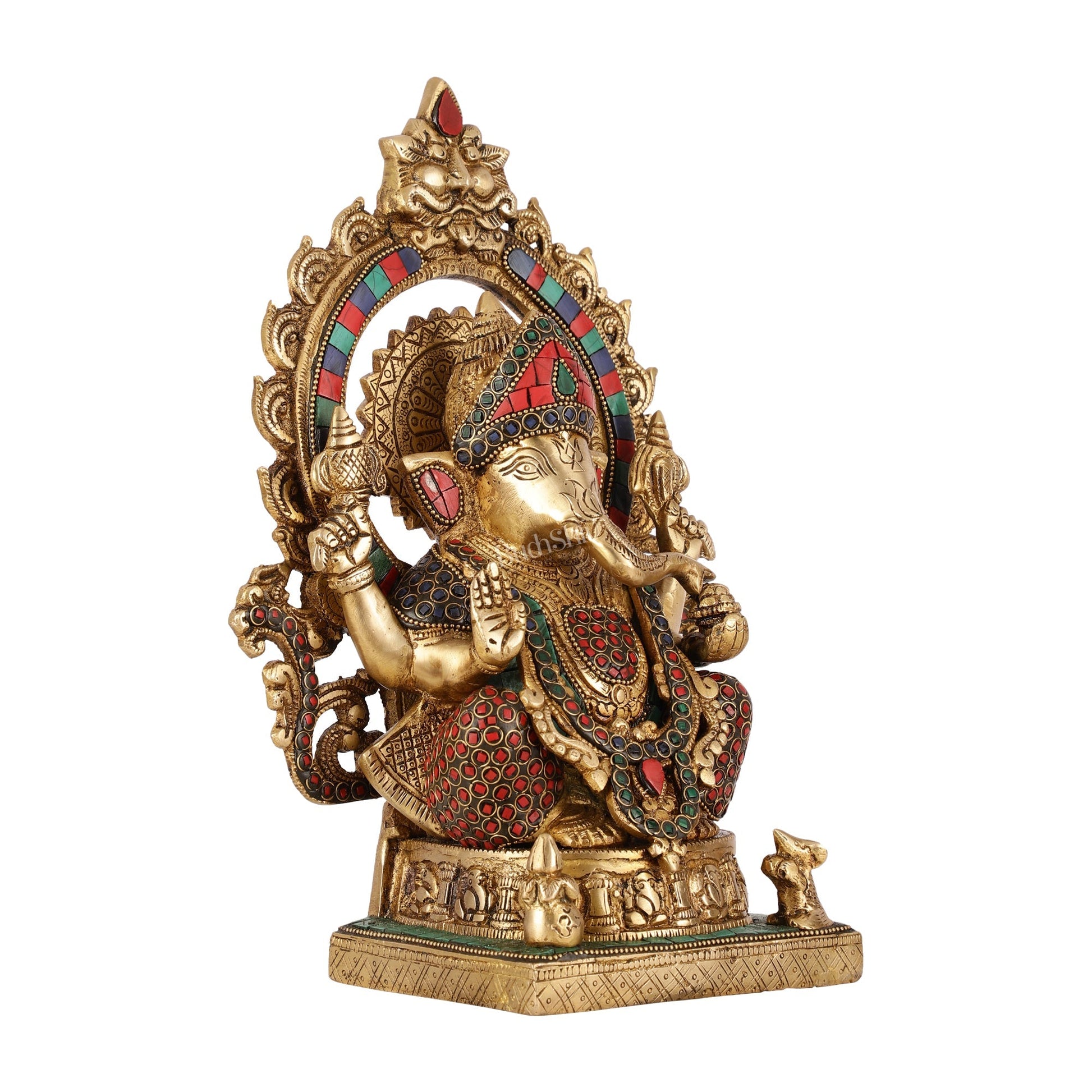 Brass Lord Ganesha Statue with Frame and Ashtavinayaka Carvings - 12 Inch