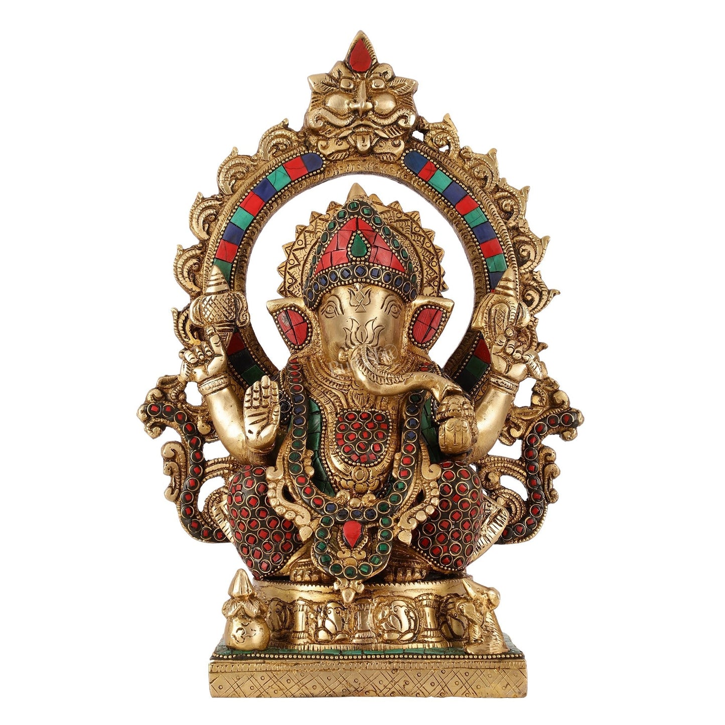 Brass Lord Ganesha Statue with Frame and Ashtavinayaka Carvings - 12 Inch
