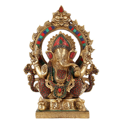 Brass Lord Ganesha Statue with Frame and Ashtavinayaka Carvings - 12 Inch
