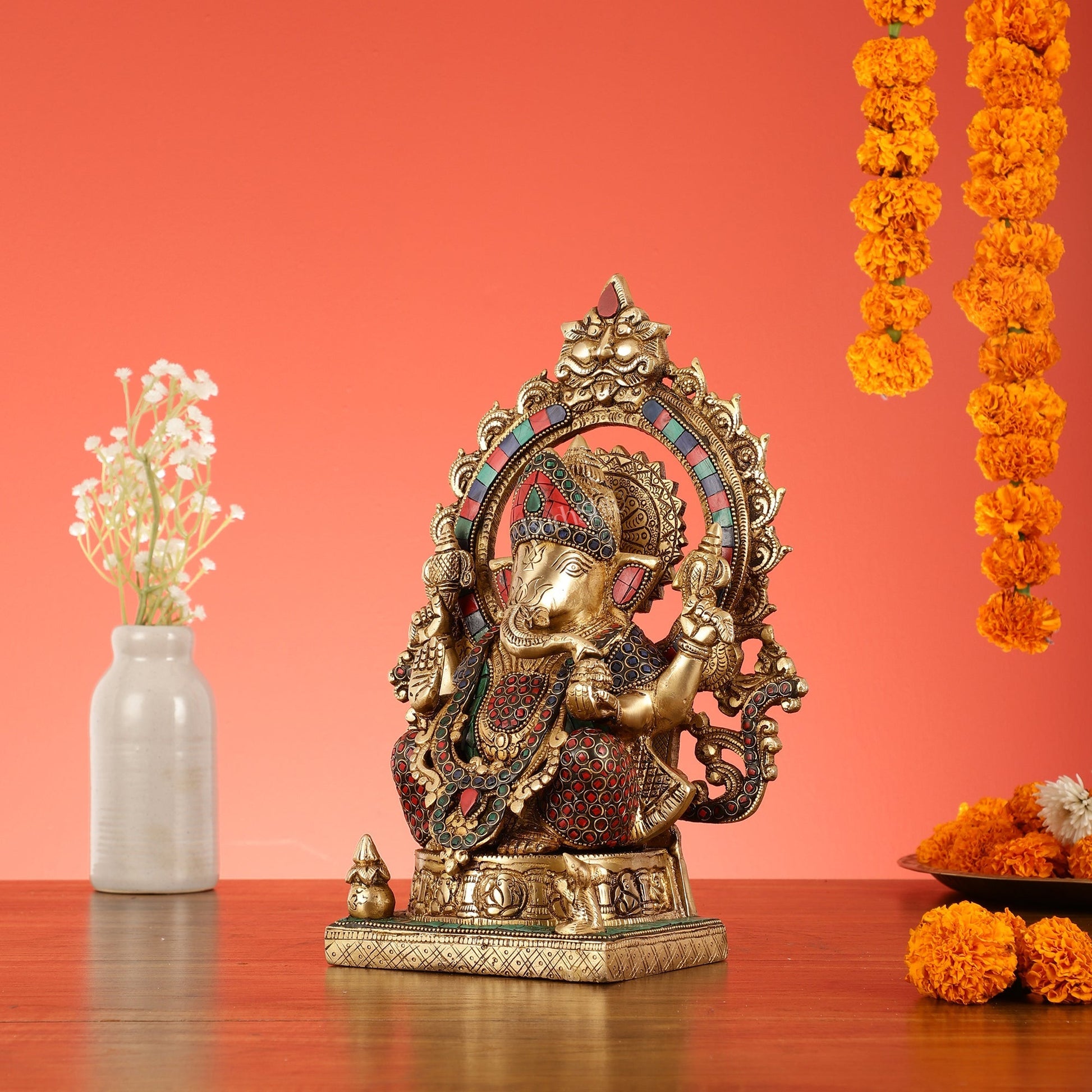 Brass Lord Ganesha Statue with Frame and Ashtavinayaka Carvings - 12 Inch