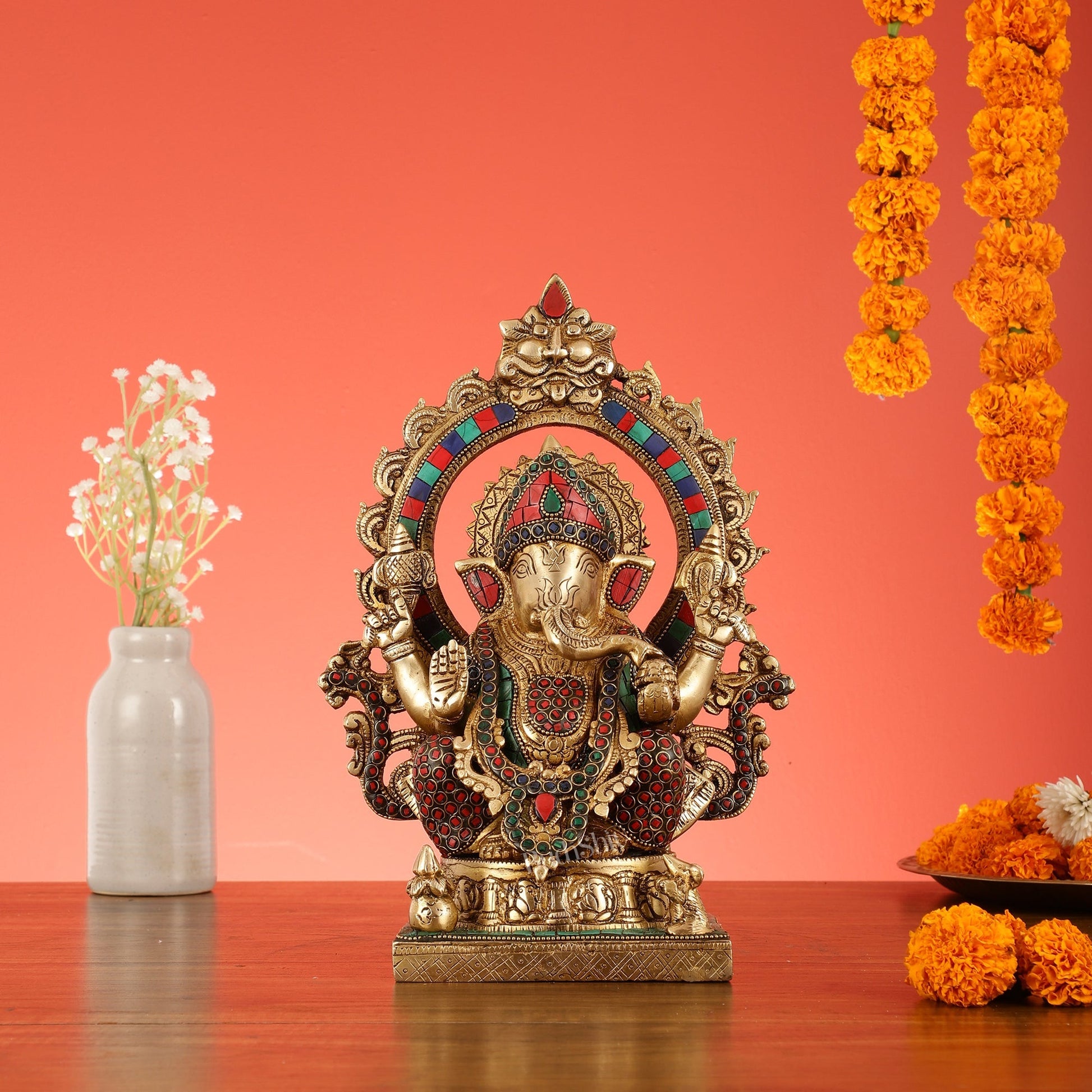 Brass Lord Ganesha Statue with Frame and Ashtavinayaka Carvings - 12 Inch