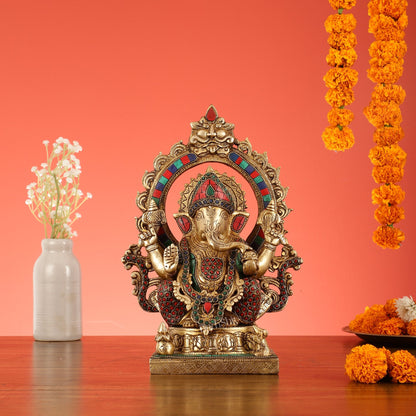 Brass Lord Ganesha Statue with Frame and Ashtavinayaka Carvings - 12 Inch