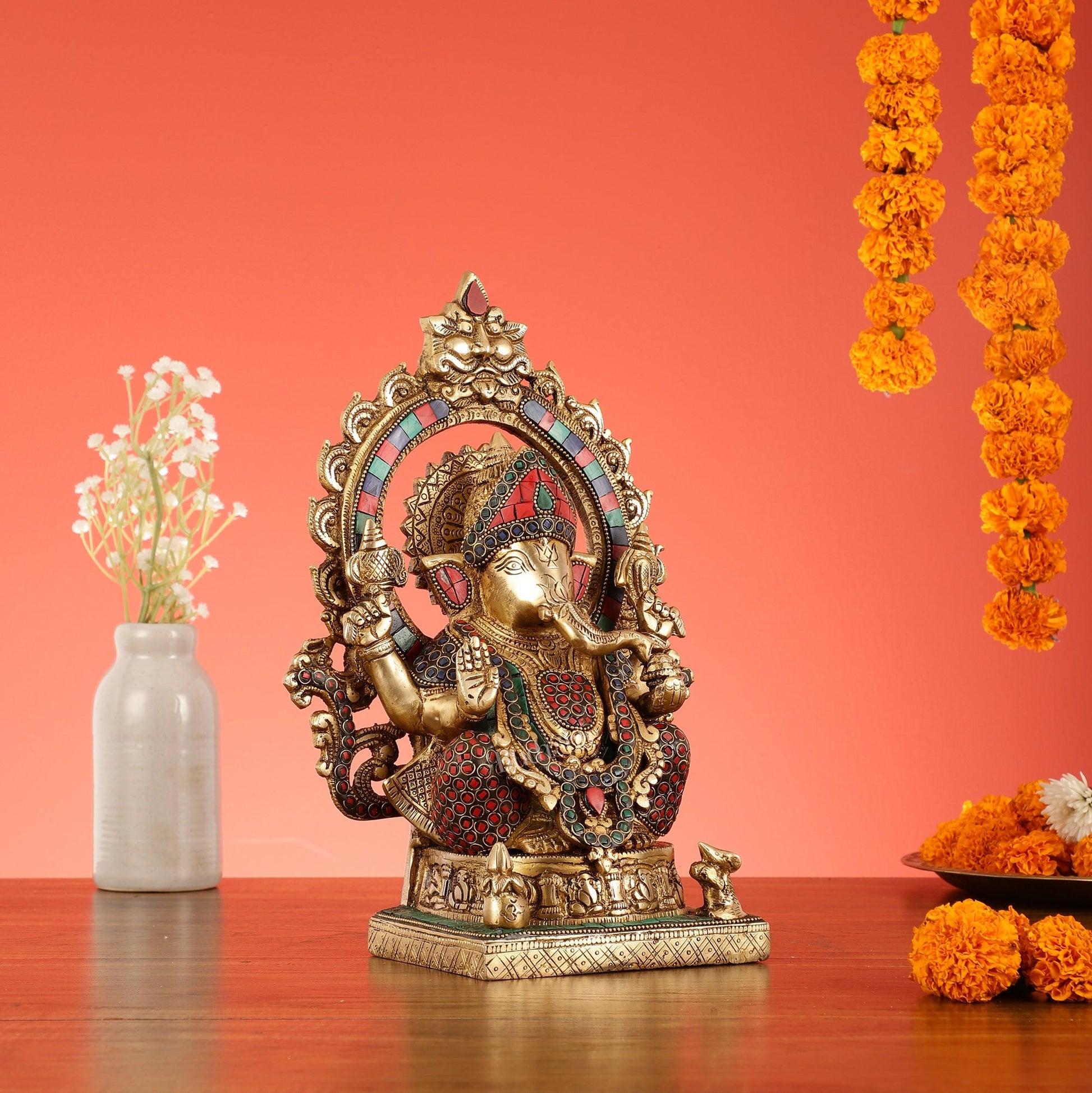 Brass Lord Ganesha Statue with Frame and Ashtavinayaka Carvings - 12 Inch