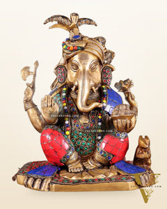 Brass Lord Ganesha Statue with Meenakari Stonework – 9.5"